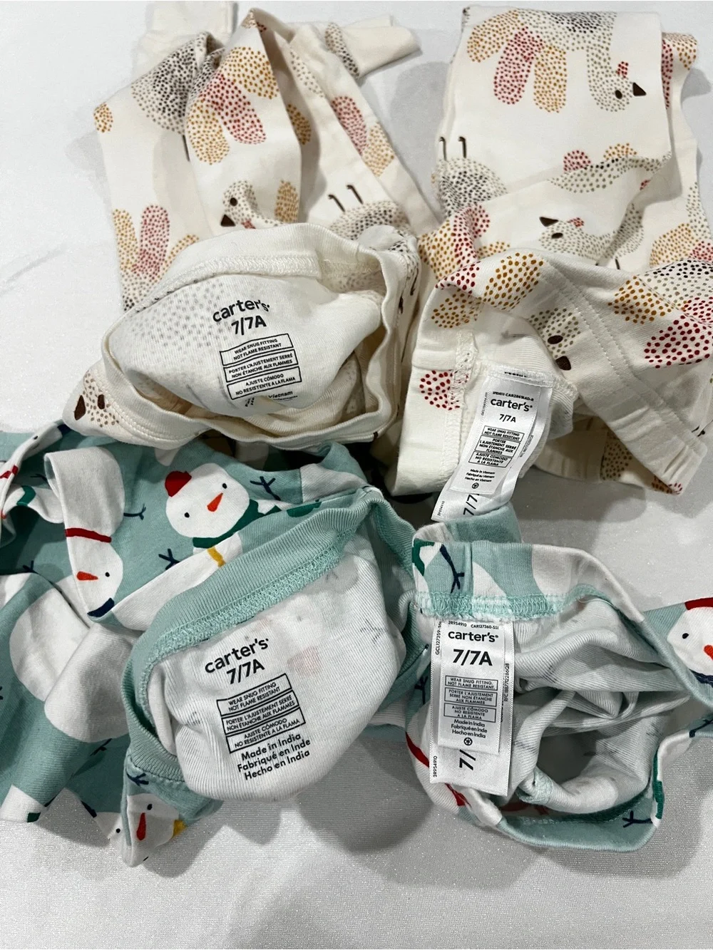 Carter's  Lot of Two Set Kids Pajama Size 7 Turkey And Snow Man Print Cotton
